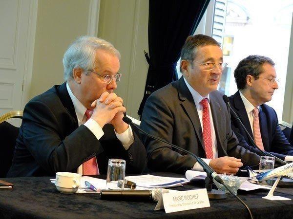 De gauche, à droite ce jour à Paris : Marc Rochet du directoire d'Air Caraïbes, Jean-Paul Dubreuil, préisdent du groupe Dubreuil et Pascal de Izaguirre président du groupe TUI France, actuel propriétaire de Corsair. marc-rochet-dubreuil-izaguirre