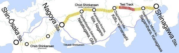 La ligne Chuo Shinkansen reliera Tokyo à Osaka en 1H7 d'ici 2045. Crédit Photo Wikipedia. chuo-shinkansen-trajet-ligne-maglev